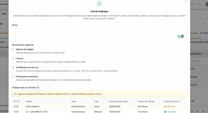 seleccionar docs y cerrar trabajos masivo